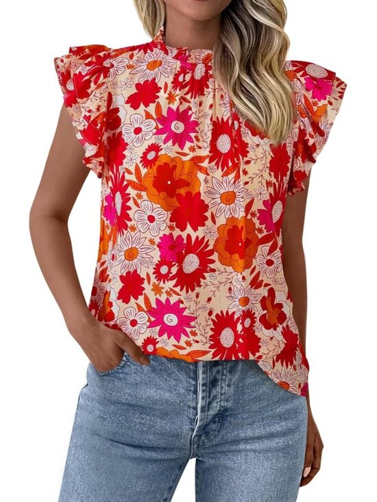Tops - Women's Yellow Red Flower Floral Trim Neck Casual Short Sleeve Summer Tops